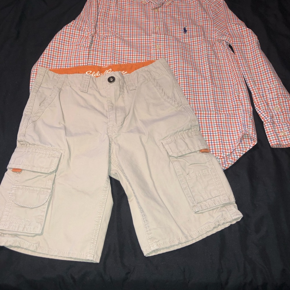 Ralph Lauren Orange/White Plaid Button Down Shirt with Eddie Bauer Cargo Shorts
